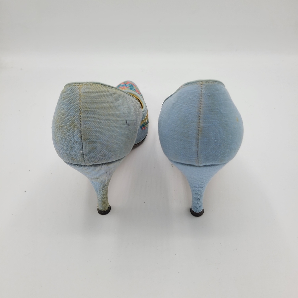 Vintage Mademoiselle Triumph Last Embroidered Floral Baby Blue Pumps Heels - Picture 6 of 10